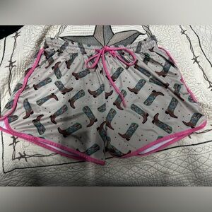 Sterling Kreek Brand Cowboy Boot Print Shorts with Pink Trim